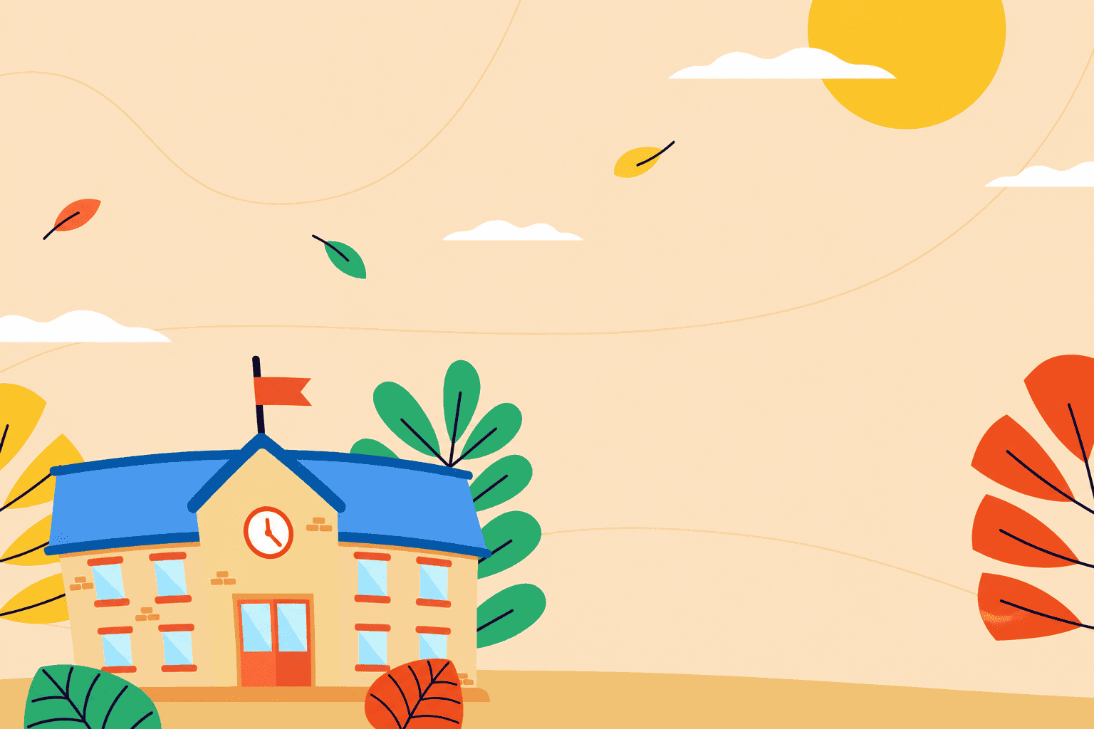 Illustrated school building on a sunny day